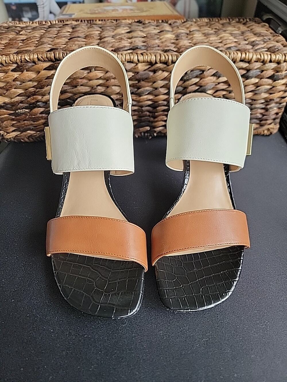 LAUREN RALPH LAUREN BRAIDAN BROWN/BEIGE/BLACK LEATHER SANDALS GOLD LOGO SZ 9.5
